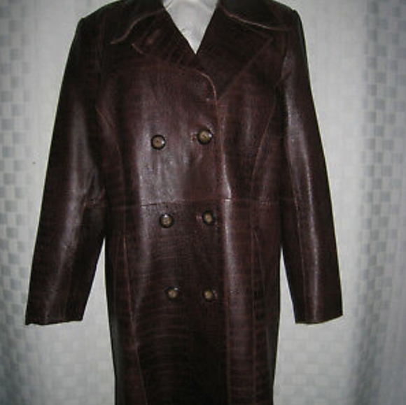 Croc Embossed Brown Genuine Leather Coat - Picture 1 of 7
